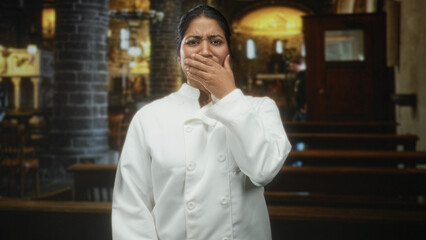 Obraz premium Young woman chef in white coat covers mouth with hand, eyes wide, standing among wooden pews in a church; shock kitchen emergency.