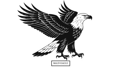 Fototapeta premium Very beautiful black-and-white engraved vector illustration featuring a Bald Eagle with majestic feather details and an engraved label reading 
