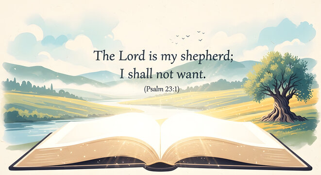 Open Holy Bible with Psalm 231 Scripture Verse against a Peaceful Landscape with River and Hills under a Blue Sky Background