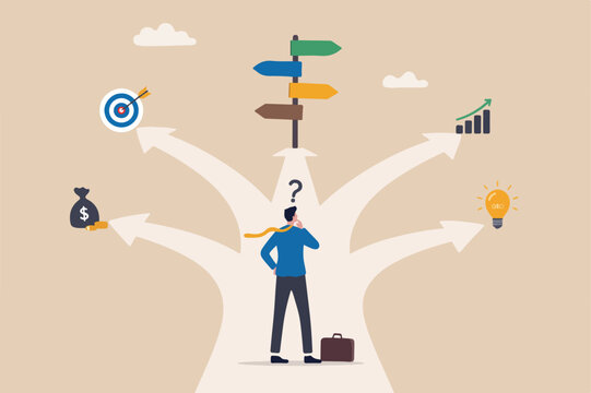 Business direction, choosing options or multiple path, make decision for career path or business growth, paradox choice concept, confused businessman thinking make decision on multiple route ahead