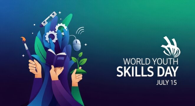Hands developing skills with tech and plant icons
