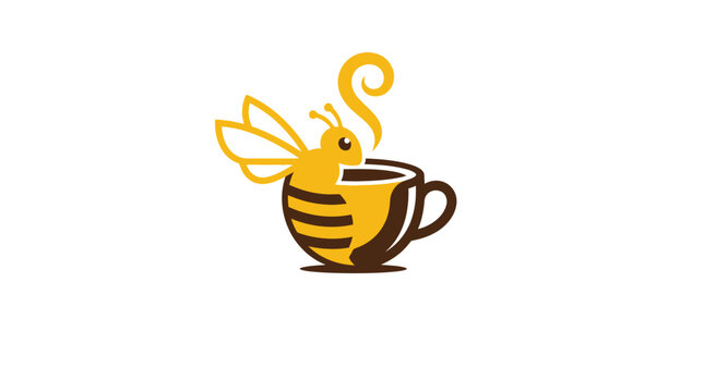 Minimalist yellow and brown vector illustration showing a cute stylized bee inside a coffee mug