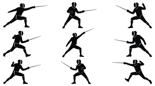 A set of black vector silhouettes featuring professional fencers in various dynamic athletic combat poses