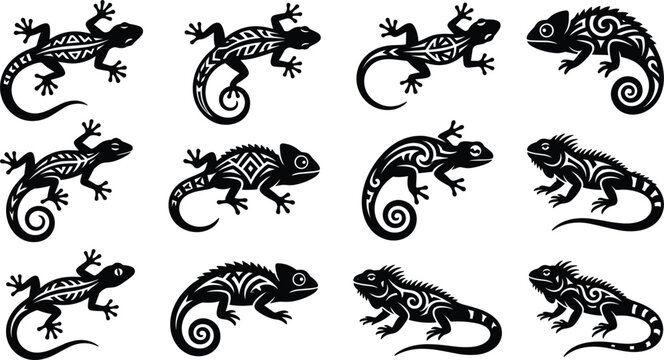 Tribal Lizard Silhouette Vector Icon Set Featuring Maori Polynesian Styled Reptiles Chameleons Geckos and Iguanas Tattoo Graphic Design Elements