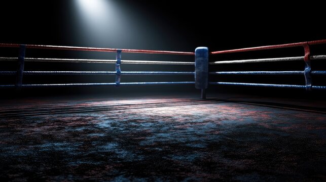 Dark, dramatic boxing ring corner under a spotlight, worn floor