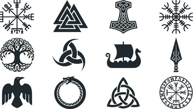 Viking Norse Mythology Silhouette Icon Set Featuring Valknut Mjolnir Thor Hammer Vegvisir Yggdrasil Longship and Rune Graphic Elements