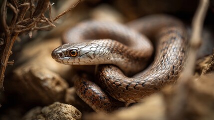 Fototapeta premium Smooth snake Coronella austriaca in its natural habitat, captured with sharp detail, showcasing natural coloration, scale texture, and subtle camouflage in the environment.