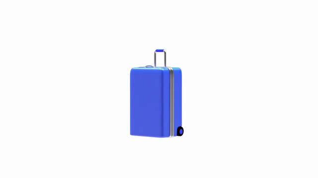 Blue hard-shell suitcase rotates on a white background, showing wheels, telescopic handle, and compact travel luggage design, 3D animation
