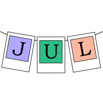Colorful polaroid photos spelling jul on a string