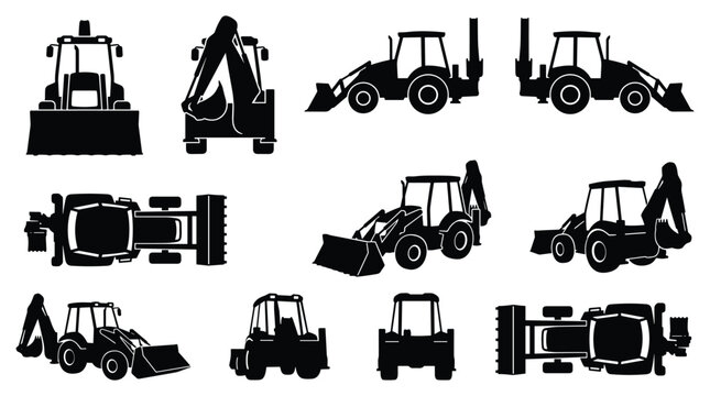 Backhoe Loader Silhouette Set &mdash; Construction Digging Tractor Equipment Vector Icons Isolated on White
