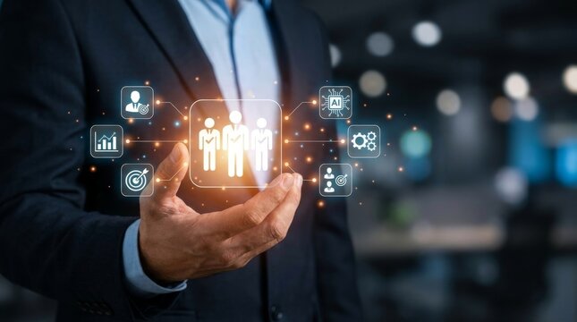 Businessman using AI and data analysis to identify target audience. Concept of customer segmentation, partner profiling AI Data for Innovative Talent Management