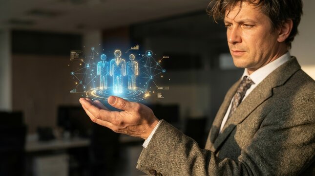 Businessman using AI and data analysis to identify target audience. Concept of customer segmentation, partner profiling AI Data for Innovative Talent Management