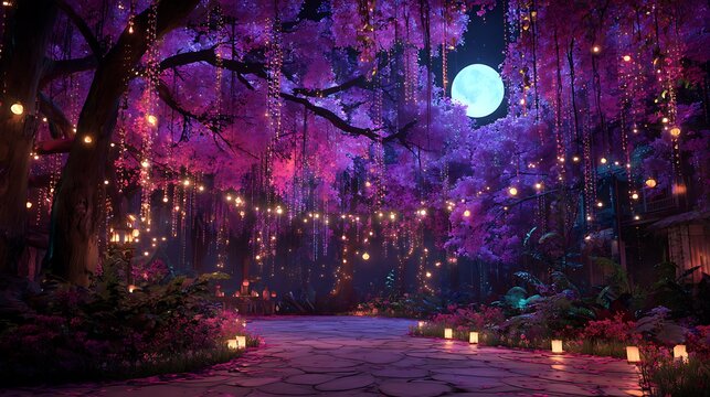 Vibrant nighttime park scene with glowing trees and moonlit path background