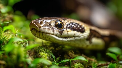 Obraz premium Close-up macro view of a snake inside a terrarium, highlighting detailed scales, natural texture, and habitat enclosure environment.