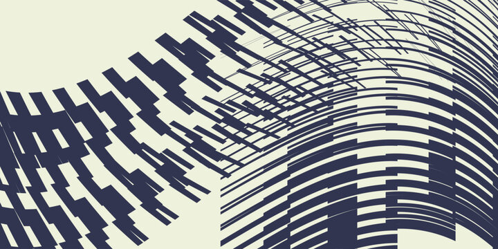 Abstract dynamic wavy dashed lines pattern background. Simple vector illustration of dark blue curved pixelated shapes and concentric arches on off-white backdrop, optical illusion moire texture, mode