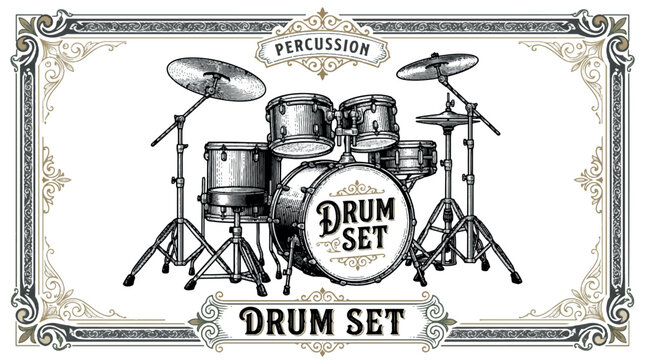 Colored Vintage Drum Set Engraving Vector Illustration Percussion Instrument