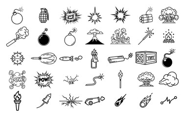 Explosion and boom comic doodle icons set with bombs, dynamite, rockets and volcanic eruption symbols © Luka