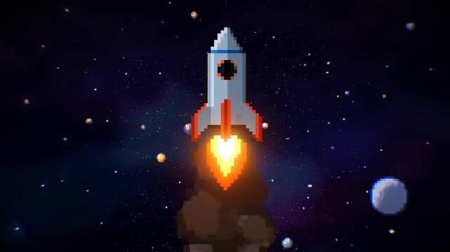 Tracking shot of pixel art rocket launching upward with fiery exhaust and smoke through starfield past planets in outer space