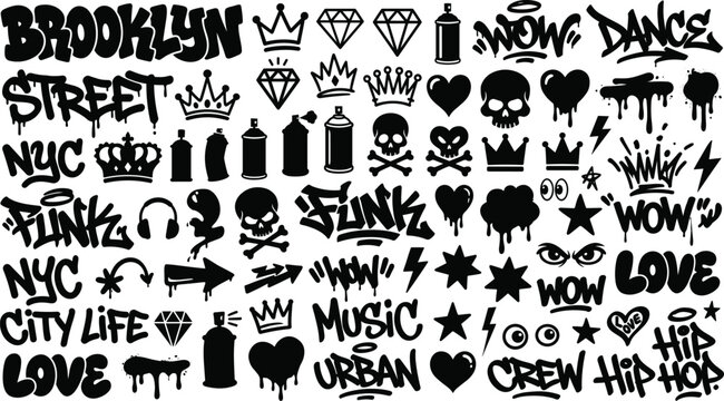 Graffiti street art elements, urban culture doodles, hip hop tags, crowns, skulls, drip spray cans for clothing design, packaging