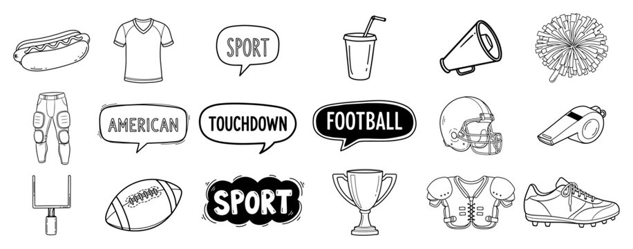 Sport and american football doodle icons collection with touchdown text jersey helmet and cheerleader equipment