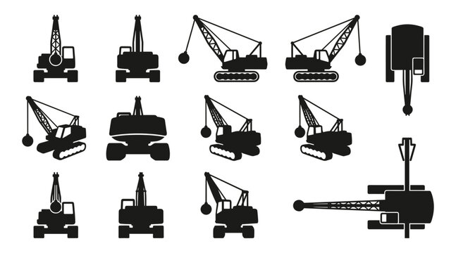  Dragline Excavator Crane Clamshell Silhouette Set &mdash; Mining Heavy Equipment Vector Icons Isolated on White