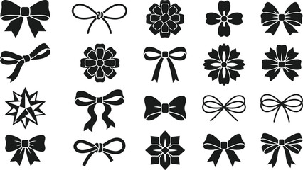 Ribbon bow silhouettes, gift wrap knots, festive flower rosettes, holiday present ties, decorative elements for birthday package greeting cards, celebration branding © MdJahanggir