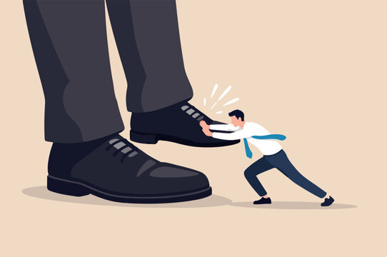 Unfair competition, cheating authority and power to abuse competitor, violence, conflict or employee fight concept, small employee trying push back giant boss or competitor big feet