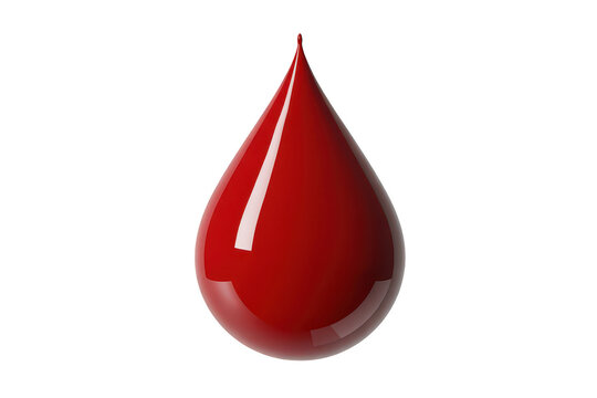 A single glossy drop of bright red liquid, resembling or paint, isolated on a black background, with a sharp, reflection and point