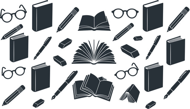 School education silhouettes, open books, glasses, fountain pens, pencils, erasers icons for library learning branding, packaging, image_4cf166.png