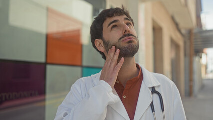 Obraz premium Young hispanic man doctor in white coat touches chin with hand, stethoscope visible, looking upward while standing on street; thoughtful.