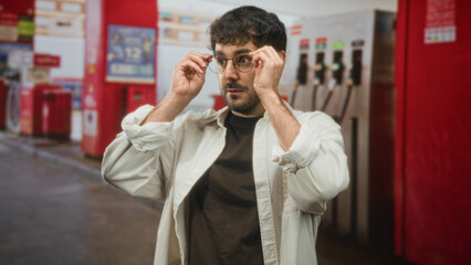 Young hispanic man adjusts glasses at a gas station forecourt, hands near face and looking sideways  thoughtful concern. © Krakenimages.com