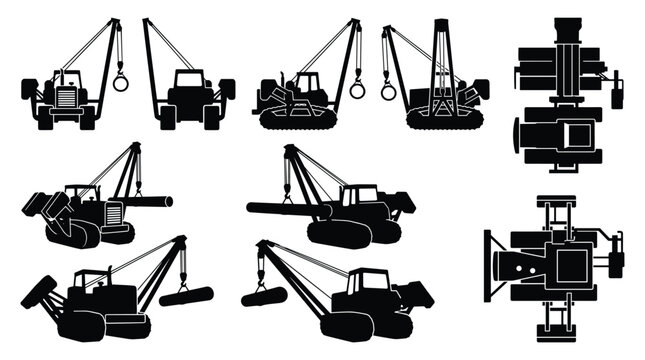 Sideboom Pipe Layer Crawler Crane Silhouette Set &mdash; Pipeline Construction Equipment Vector Icons Isolated