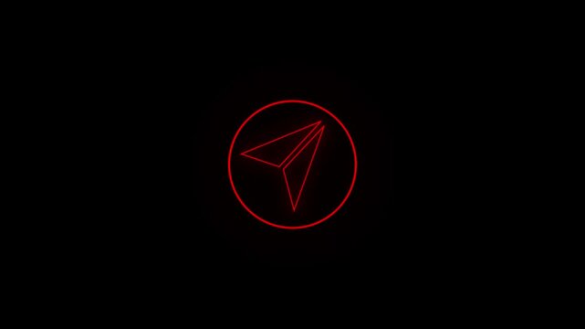 Glowing neon telegram icon isolated on black background.