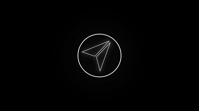 Glowing neon telegram icon isolated on black background.