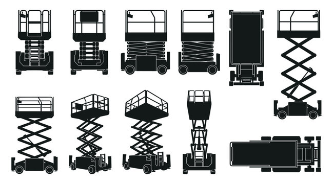 Scissor Lift Silhouette Set &mdash; Aerial Work Platform Construction Equipment Vector Icons Isolated