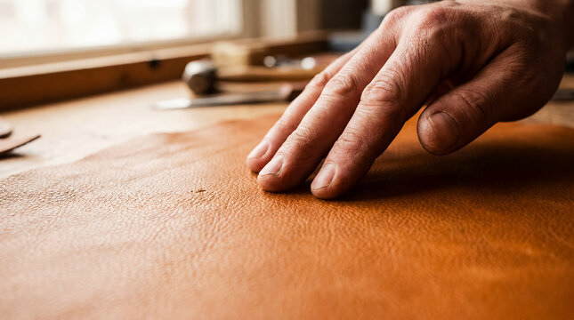leather texture hand touching natural brown material craftsmanship surface premium Sunlit composition emphasizes clarity natural color and a clean inviting mood fingers glide across supple hide