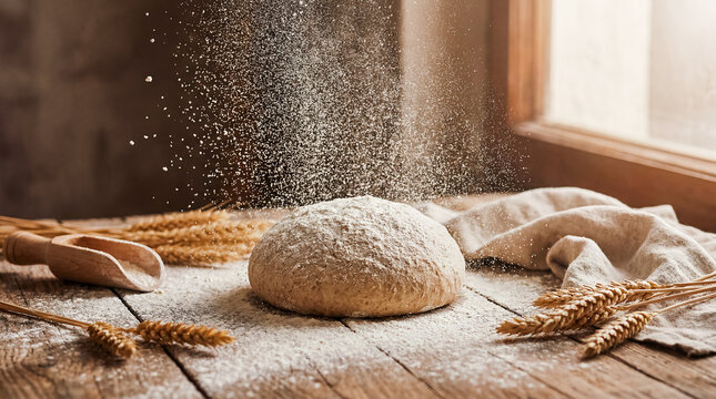 flour dough falling bread baking wooden table bakery food motion Sunlit composition emphasizes clarity natural color and a clean inviting mood fine white flour showers around fresh dough in dramatic