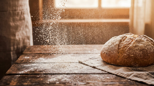 flour dough falling bread baking wooden table bakery food motion Moody close composition emphasizes tactile detail rich contrast and atmospheric warmth fine white flour showers around fresh dough in