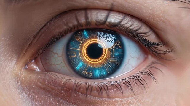Futuristic bionic eye with glowing digital circuit board interface. Extreme close-up shot.