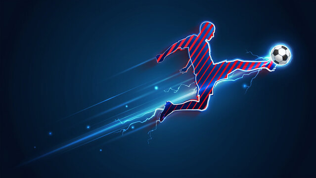 Dynamic Soccer Player Neon Lightning Energy Graphic for Sports Marketing and Branding