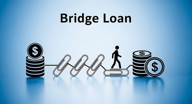 Bridge Loan financial concept with paperclip bridge, person walking between stacks of dollar coins, short term financing and interim funding metaphor