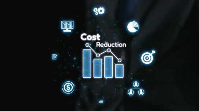 A professional business setting showcasing an abstract visualization of cost reduction concepts. The image features various financial icons and charts, emphasizing strategies for improvement. Qubit