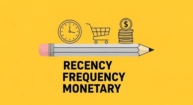 RFM analysis marketing concept illustration, recency frequency monetary value icons on pencil, customer segmentation and data analytics strategy