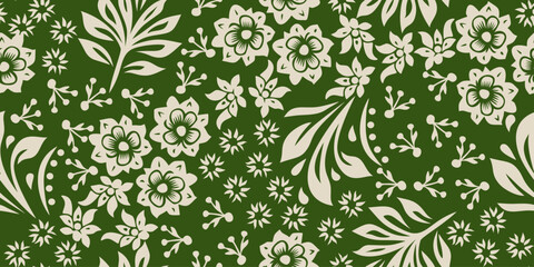 Folk Art Floral Seamless Pattern Background Vector, Traditional Botanical Leaf Motif Design, Slavic Scandinavian Ethnic Textile Wallpaper, Green and Cream Monochrome Print for Home Decor Fashion © supachai