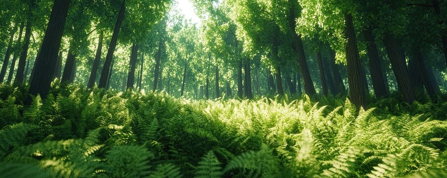 A dense forest filled with tall, straight trees and a thick carpet of green ferns below, 