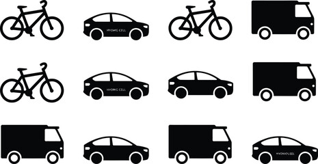 Naklejka premium Set of twelve solid black transport icons featuring bicycles cars and delivery trucks design
