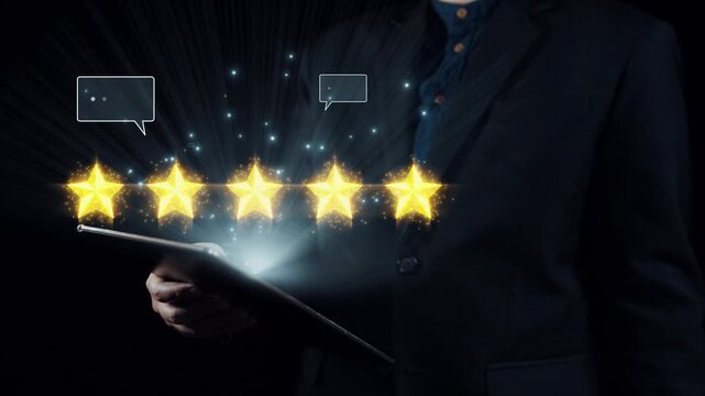 A business professional holds a tablet displaying glowing stars and speech bubbles, embodying feedback and ratings in a dark, elegant setting perfect for presentations. Qubit