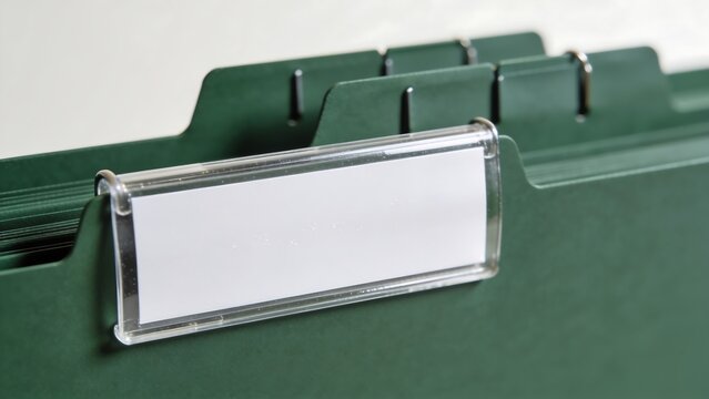 Blank White Label In Plastic Holder On Green Hanging File Folder