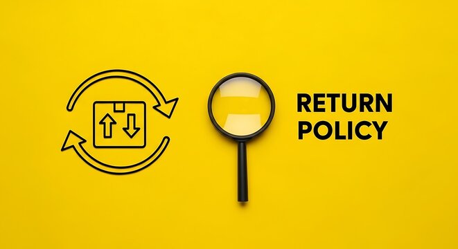 Return policy concept on yellow background, magnifying glass with delivery box icon, ecommerce shipping and refund terms for online shopping