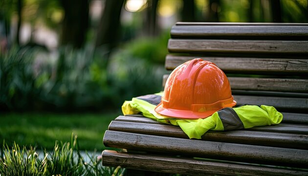 Orange hard hat and reflective vest rest on a weathered park bench